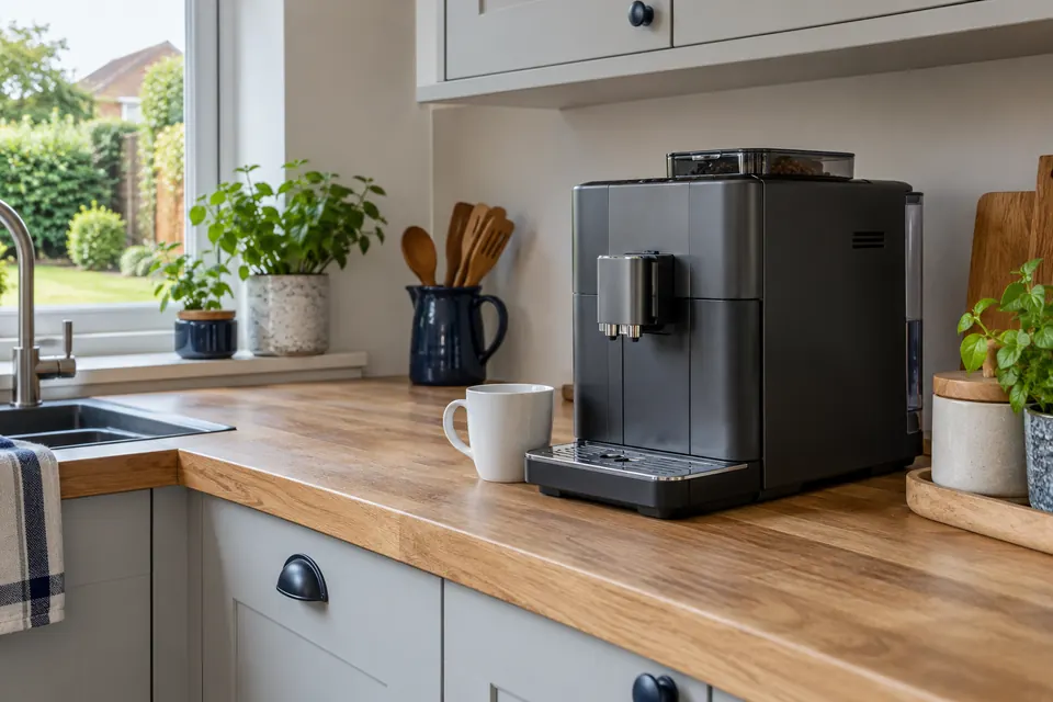 Illustrative kitchen scene with an unbranded coffee machine and a garden view